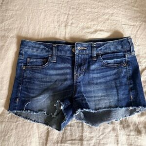 Express Indigo Frayed Hem Jean Shorts